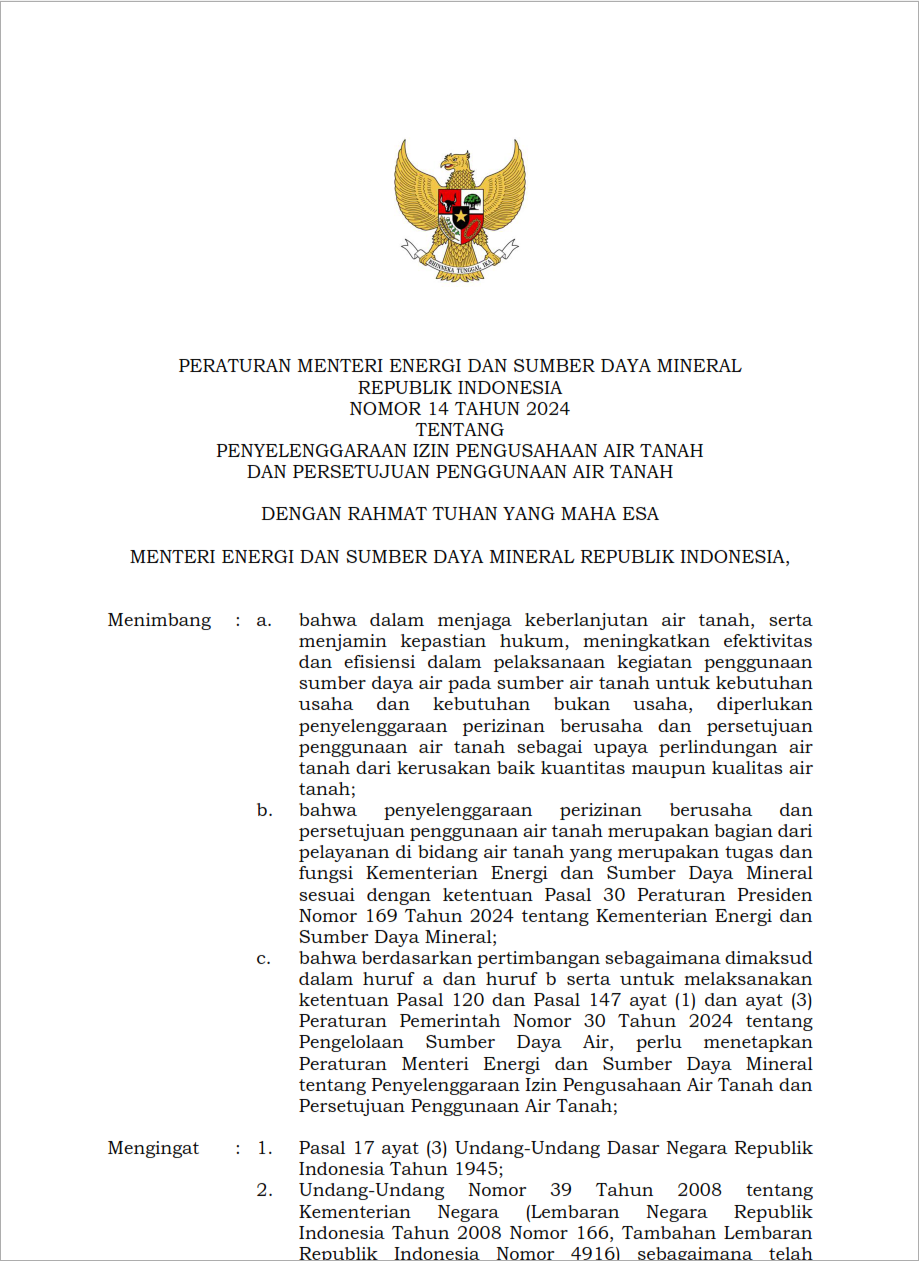 Permen ESDM No 14 Tahun 2024 Ttg Penyelenggaraan Izin Pengusahaan Air Tanah dan Persetujuan Penggunaan Air Tanah