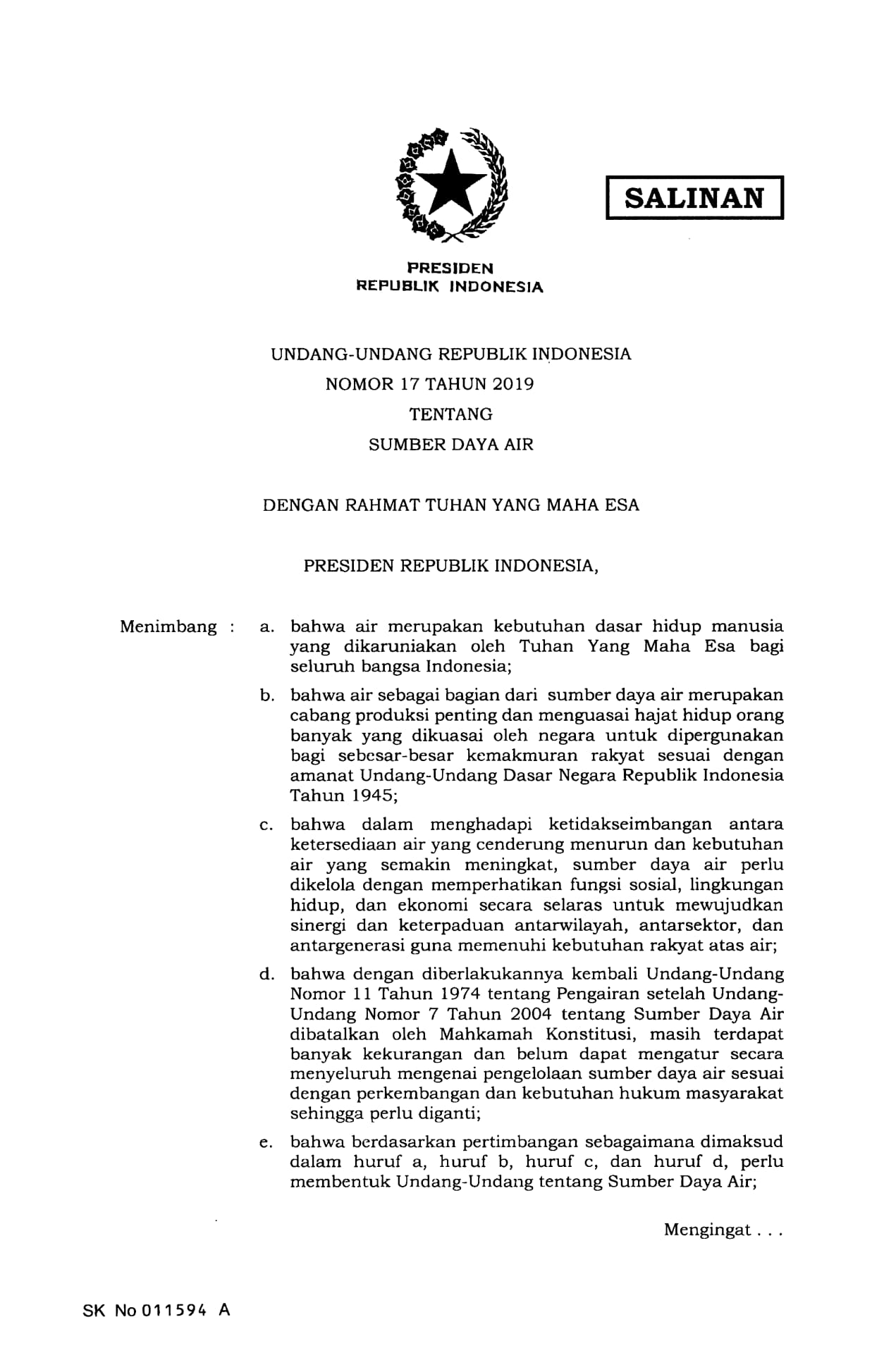 Undang-undang Nomor 17 Tahun 2019 Tentang Sumber Daya Air
